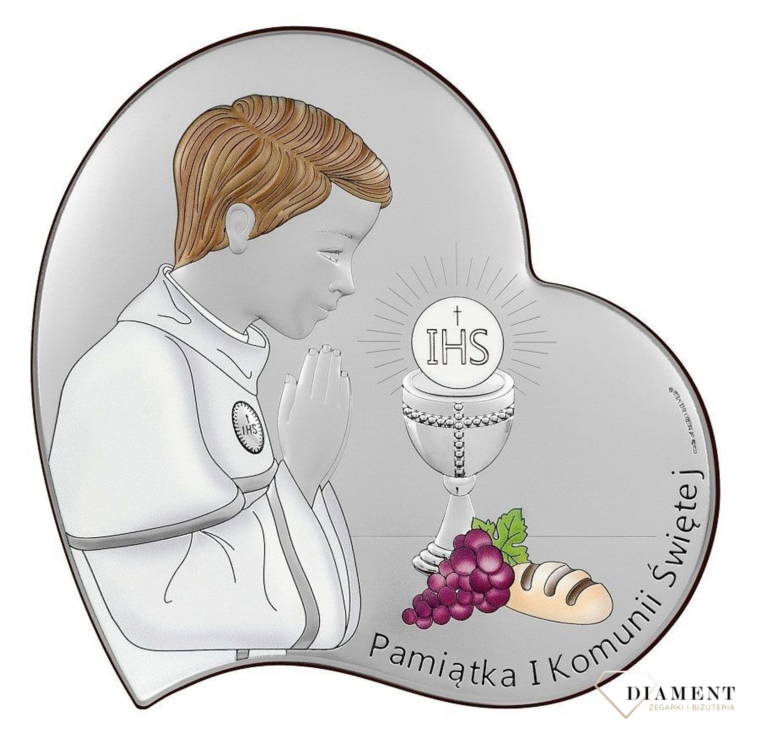 Obrazek srebrny Pierwsza Komunia Święta dla chłopca kolorowy 6747.2 COL. Prezent na komunie dla chłopca. Pamiątka I komunii świętej. Obrazek na rocznicę komuni. Obrazek srebrny z grawerem dla chłopca.jpg